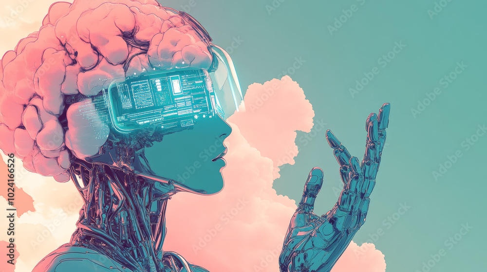 Poster ai can analyze information stored in the digital cloud. imagine a robot woman holding data from the 
