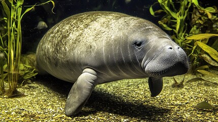 A manatee swimming in a natural aquatic habitat.