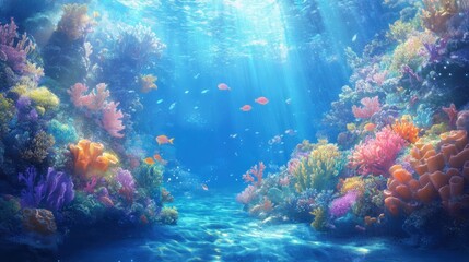 Vibrant Underwater Scene with Corals, Sponges, and Fish