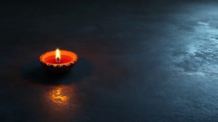 Fototapeta premium A single lit candle in a decorative holder placed on a dark surface, casting reflections and shadows.