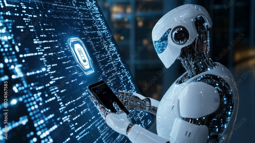 Poster an ai robot examines a logo displayed on a phone. the image represents the concept of artificial int