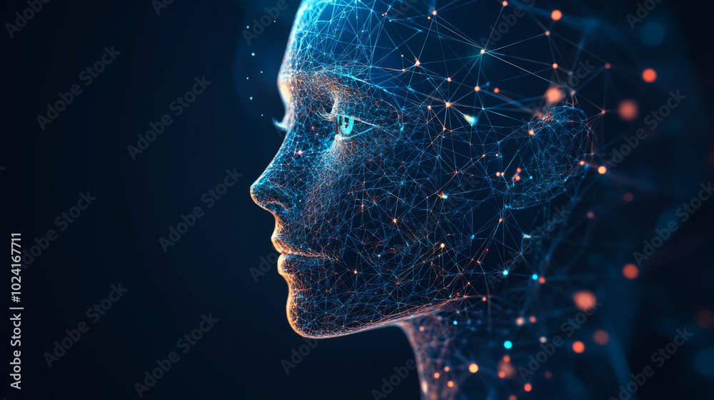 Poster ai uses computer graphics to analyze information and data. a low-poly face represents the ai, showca