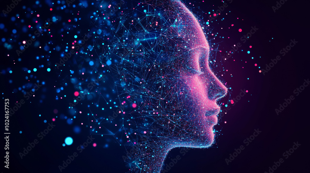 Poster ai uses computer graphics to analyze information and data. a low-poly face represents the ai, showca
