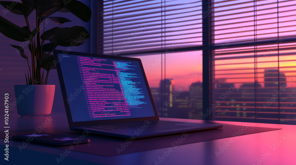 Poster a laptop sits on a table, showing code on its screen. this represents the process of software develo