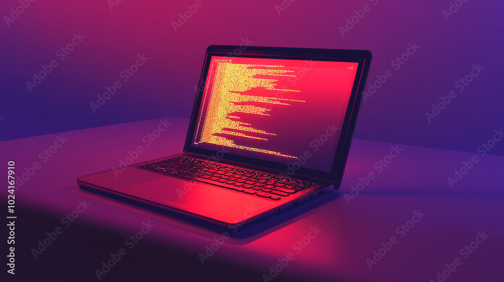 Poster a laptop sits on a table, showing code on its screen. this represents the process of software develo