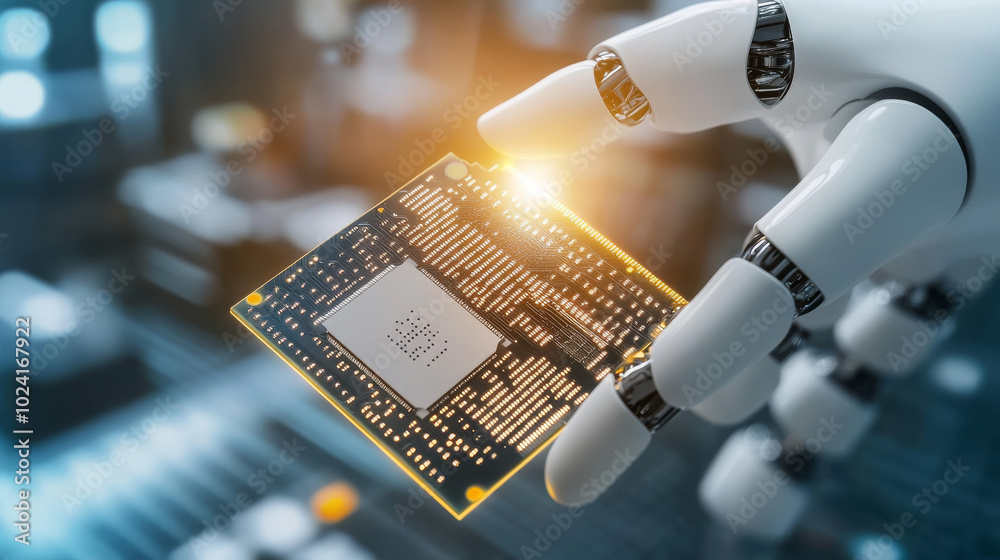 Poster a robotic hand grips a tiny computer chip. this represents the power of artificial intelligence (ai)