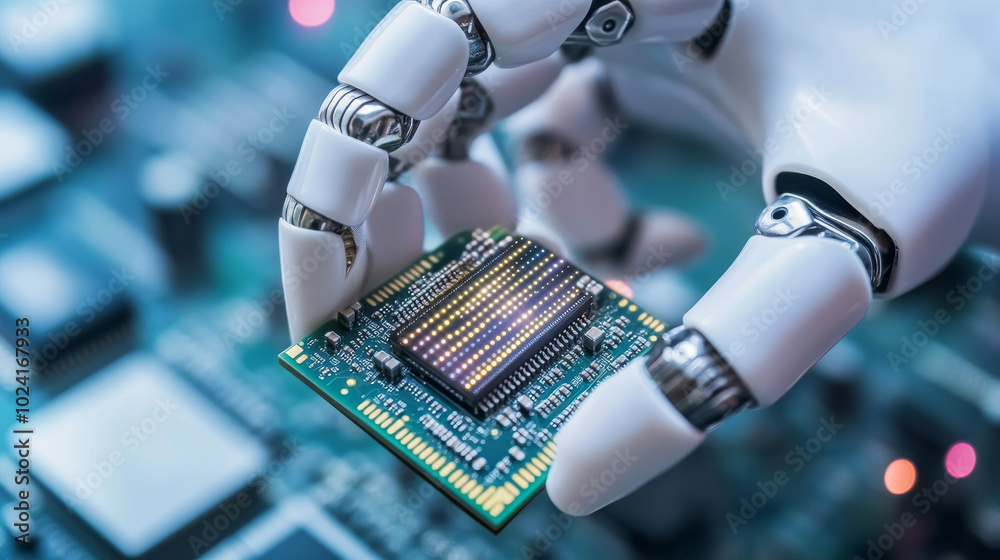 Poster a robotic hand grips a tiny computer chip. this represents the power of artificial intelligence (ai)