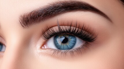 Fototapeta premium Close up of Beautiful Blue Eye with Long Eyelashes and Perfect Eyebrows