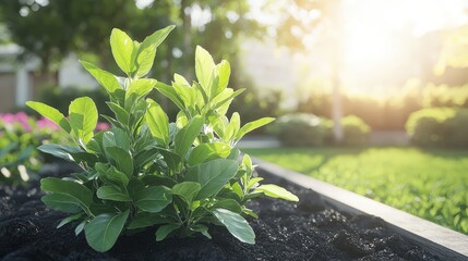 Lush Green Foliage in a Garden Bed with Sunlight   Summer Nature Background