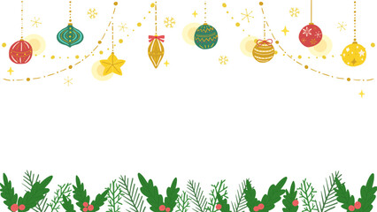 Christmas, background with colorful ornaments and holly, cute hand drawn illustration / クリスマス、カラフルなオーナメントとヒイラギの背景、かわいい手描きのイラスト