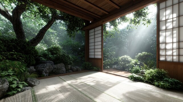 Tranquil Japanese Dojo Interior with Tatami Mats and Shoji Screens