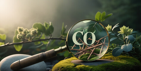 A magnifying glass focuses on carbon monoxide. 