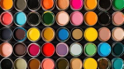 Colorful Array of Paint Cans Top View, Artistic Creativity and Home Improvement Concept