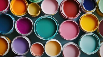 Colorful Array of Paint Cans Top View, Artistic Creativity and Home Improvement Concept