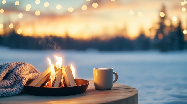 outdoor fire pit scene with holiday lights, hot cocoa, and blankets, with a snowy background