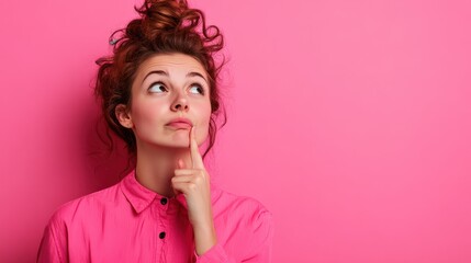 Portrait of a young woman in pink shirt with finger on mouth looking up thinking, isolated on pink studio background