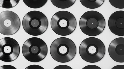 Grid Pattern of Vinyl Records on White Background - Minimalist Music Enthusiast Setup