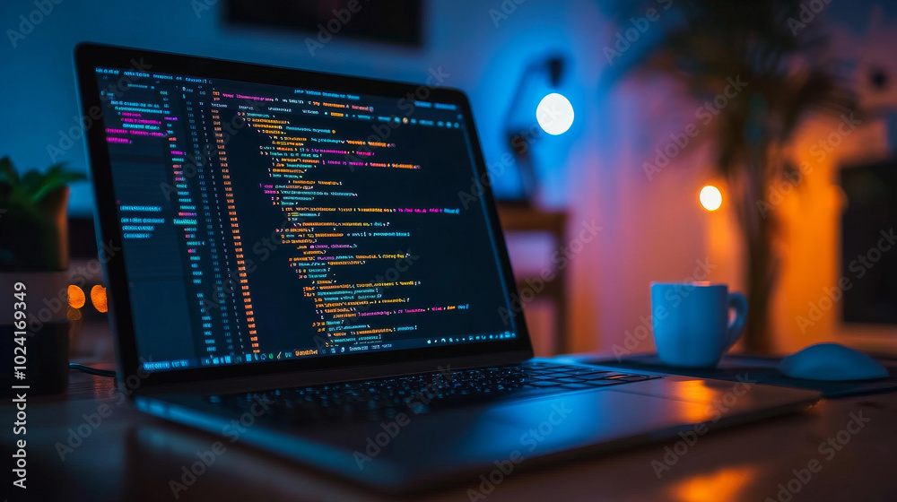 Poster building websites and apps that work on any device. the image shows a laptop with code and symbols r