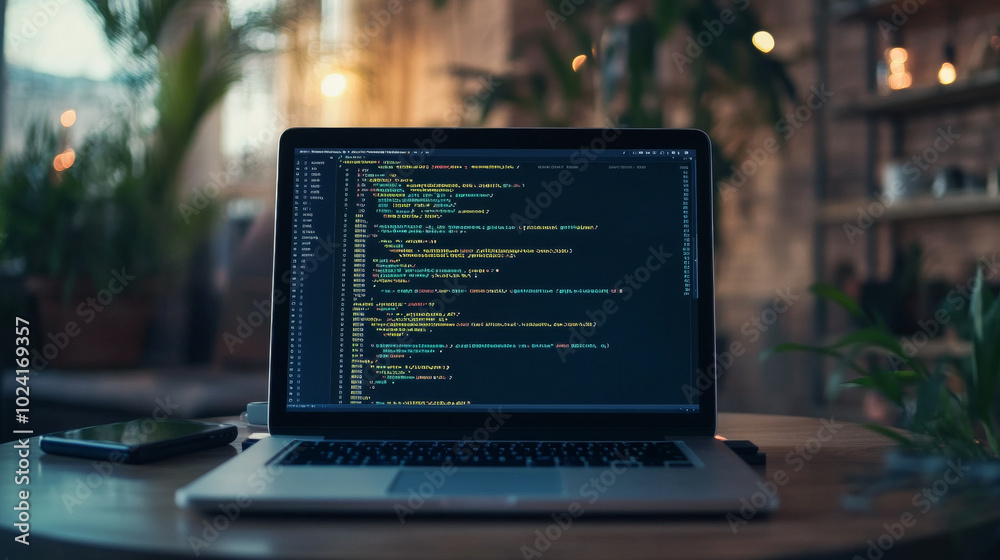 Poster building websites and apps that work on any device. the image shows a laptop with code and symbols r