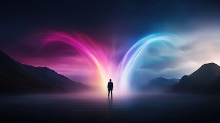 A person standing under a glowing waterfall, symbolizing the flow of positive energy.