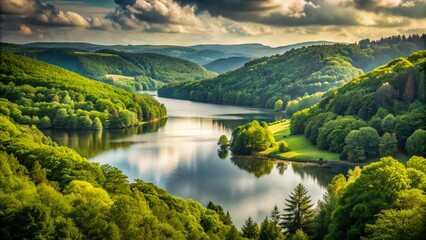 Naklejka premium Vintage Scenic View of Rursee Lake in Eifel National Park, North Rhine-Westphalia, Germany