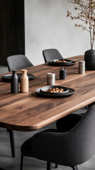 Elegant dining table setting with a wooden table, black chairs, and minimalist decor.