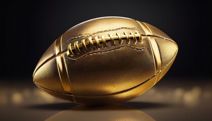 A shiny golden rugby ball resting on a dark surface, showcasing its textured design and luxurious finish.