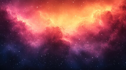 A vibrant nebula with swirling clouds of red, orange, and yellow, scattered with stars against a dark blue sky.