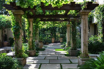 Shaded pergolas and arbors draped with vines bring Mediterranean charm to the garden.
