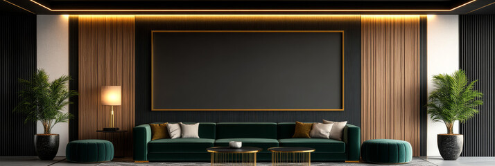 Modern living room interior with a large black framed picture above a plush green sofa.