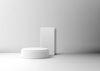 White 3D Cylindrical Podium with Rectangular Backdrop for Product Display and Mockup, Minimalist Showcase