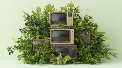 Retro TV Sets in Lush Greenery  Vintage Technology   Nature  Minimalist Design