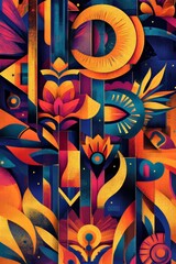 Abstract Diwali design featuring bold, colorful patterns and festive tones.