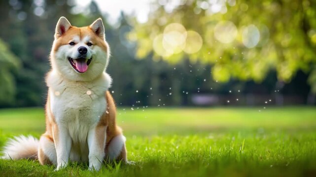 akita dog with cute face and happy expression with blur tree background and sitting on grass