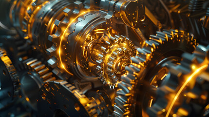 Fototapeta premium Lubrication in High-Speed Gears: High-speed mechanical gears in motion, surrounded by a glowing, efficient lubricant film that minimizes friction and wear