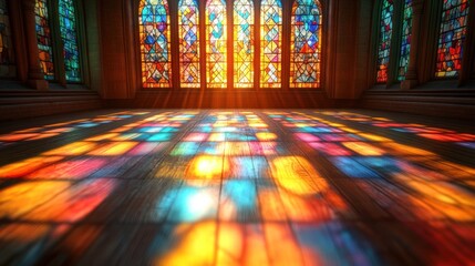 Colorful stained glass window light shines through on wooden floor in church.