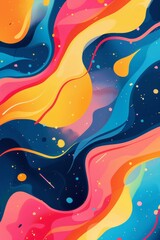 A colorful abstract painting of a galaxy with a blue background and yellow and orange swirls. The painting is full of bright colors and has a dreamy, whimsical feel to it