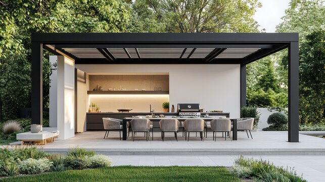 Outdoor kitchen featuring a modern pergola with a dining area and black steel frame.
