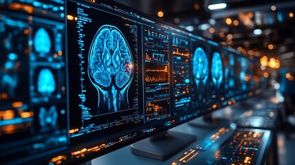 Obraz premium Multiple computer screens display digital brain scans, highlighting the complexity of the human mind and technological advancement.