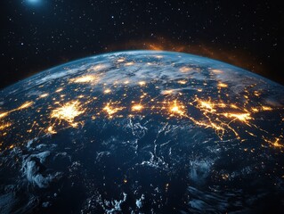 Obraz premium A stunning view of Earth at night, showing the twinkling city lights from space. The planet is surrounded by a dark blue sky with stars and the moon in the background.