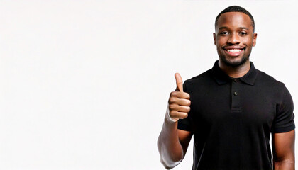 A portrait of a smiling Black person wearing a black polo shirt and giving a thumbs up against a white background.