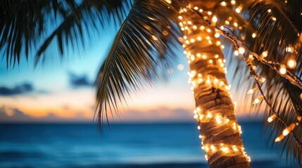 Vibrant white Christmas lights illuminate a palm tree, creating a warm glow against the backdrop of the ocean and clear blue sky, enhancing the festive atmosphere