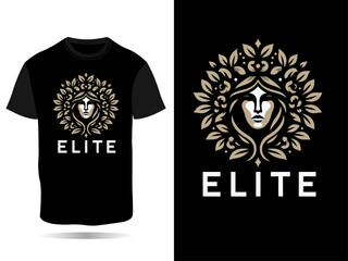 T-shirt design, golden laurel wreath, female face, crown of leaves