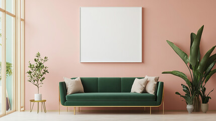 A modern living room featuring green sofa, decorative pillows, and large blank canvas on pink wall. space is brightened by natural light and includes potted plant, creating serene atmosphere