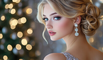 A beautiful woman with blonde hair in an updo hairstyle, wearing an evening dress and silver earrings, poses for the camera.