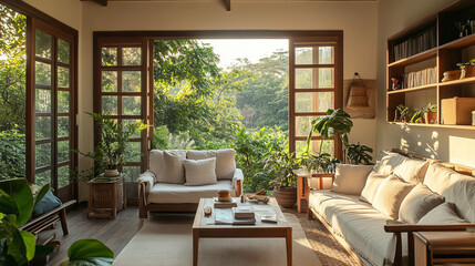 Fototapeta premium A serene living room filled with natural light, featuring cozy sofa, plants, and wooden coffee table. large windows offer beautiful view of greenery outside, creating peaceful atmosphere
