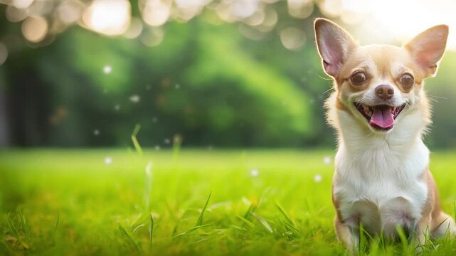 chihuahua dog with a cheerful expression and sitting in the middle of the garden with an empty space on the left side