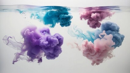 Fototapeta premium Dreamy Ink Clouds, Ethereal Swirls of Purple, Blue, and Pink Pigments Flowing Underwater Against a Serene White Background.