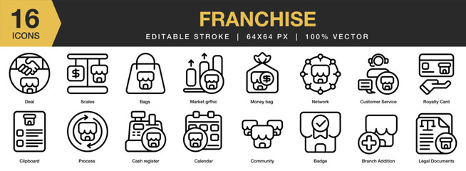 Franchise icon set. Editable Stroke Icon Collection. Includes badge, bags, branch addition, calendar, cash register, clipboard, and More. Outline icons vector collection.