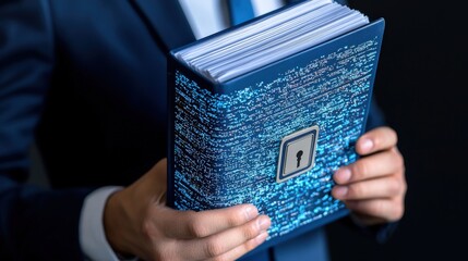 Secure Data Access   Businessman Holding Digital Book with Keyhole